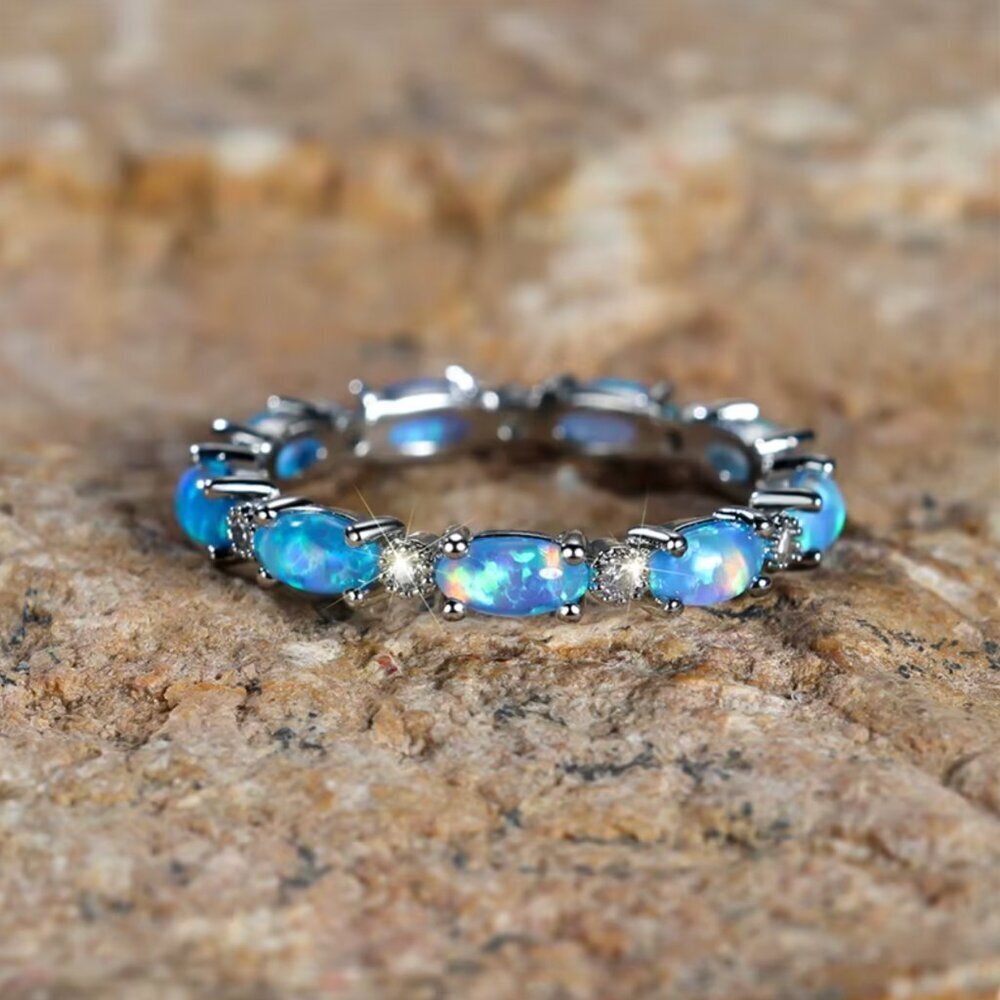 NEW 14k White Gold Blue Opal Ring Band